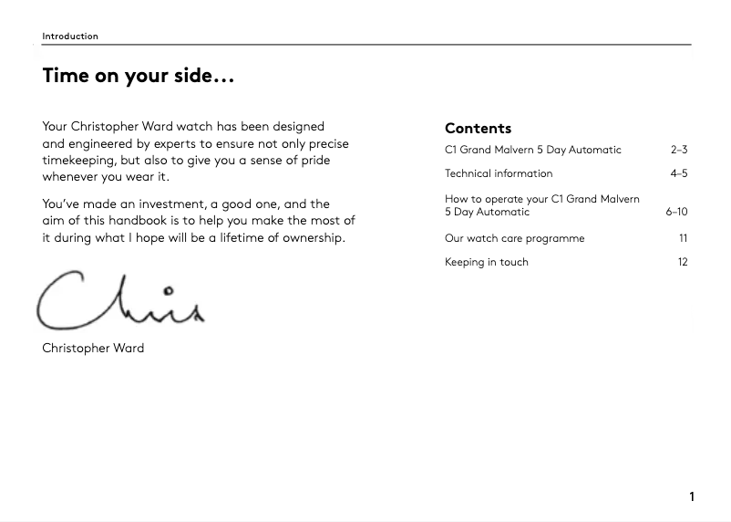 Page 1 de la notice Manuel utilisateur Christopher Ward C1 Grand Malvern 5 Day Automatic