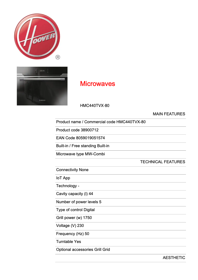 Página 1 del manual Ficha técnica Hoover HMC440TVX-80