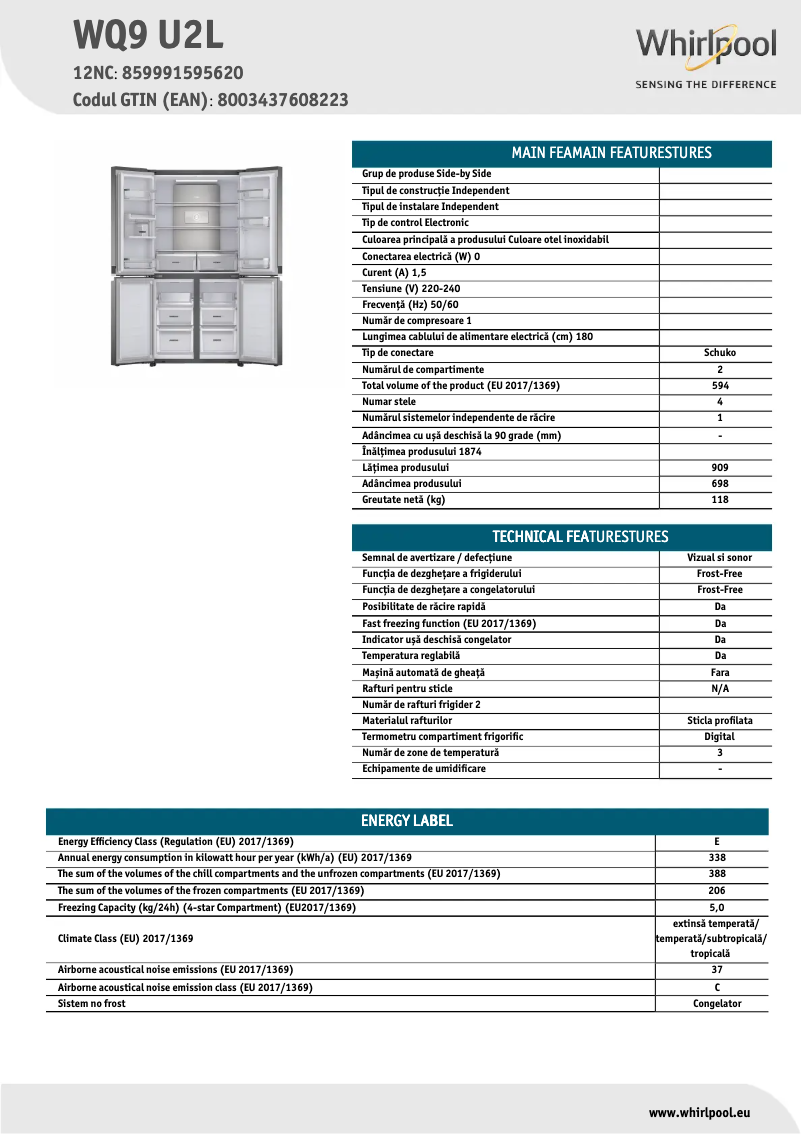Page 1 de la notice Fiche technique Whirlpool WQ9 U2L