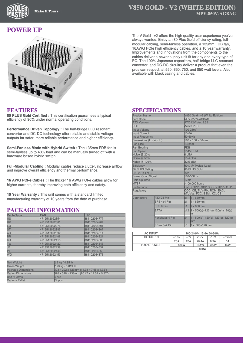Page 1 de la notice Fiche technique Cooler Master V850 Gold
