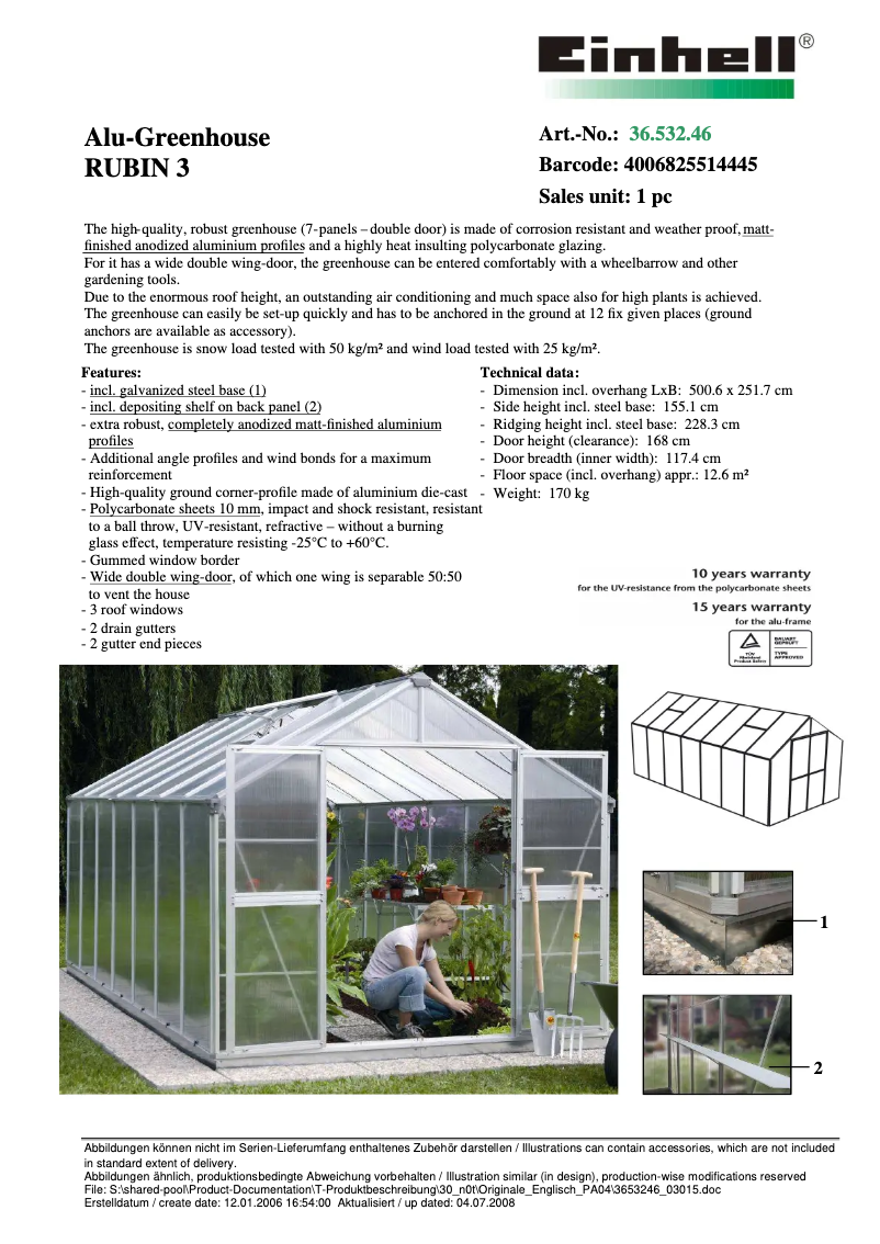 Page 1 de la notice Fiche technique Einhell RUBIN 3