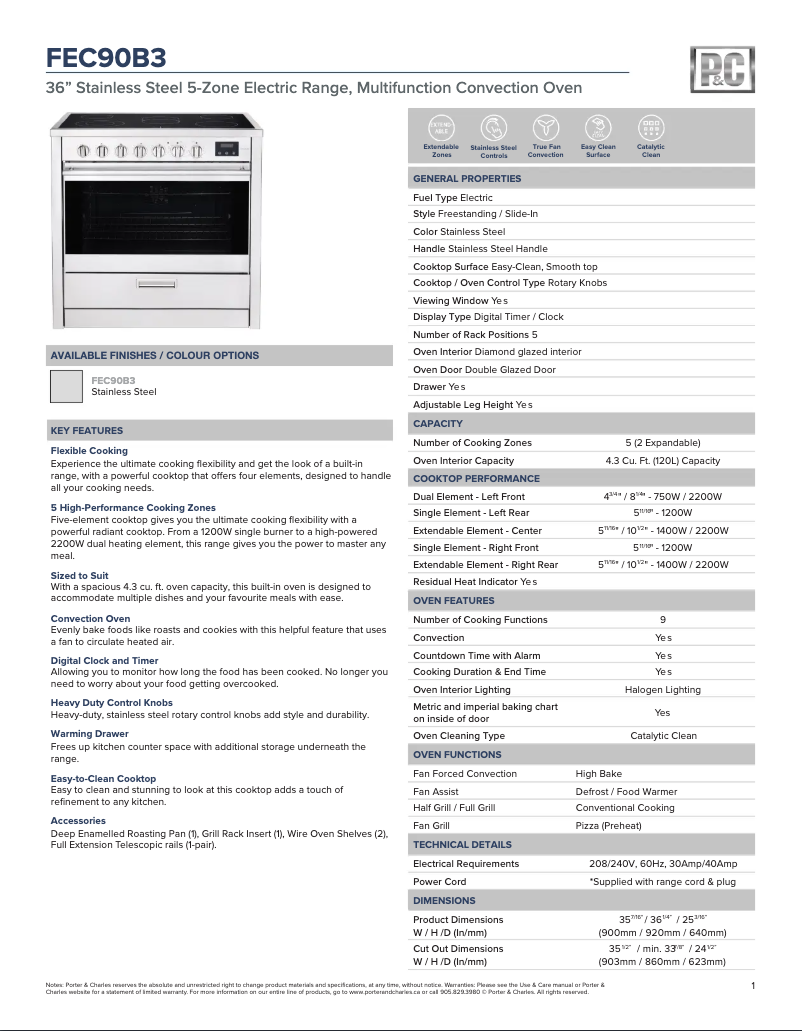 Página 1 del manual Ficha técnica Porter & Charles FEC90B3