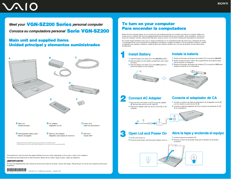 Page 1 de la notice Guide d'installation Sony Vaio VGN-SZ220P
