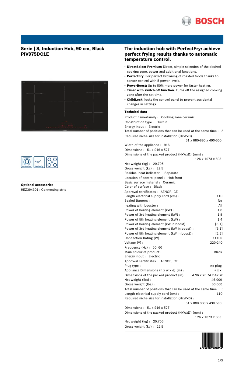 Page n°1 - Fiche technique Bosch PIV975DC1E