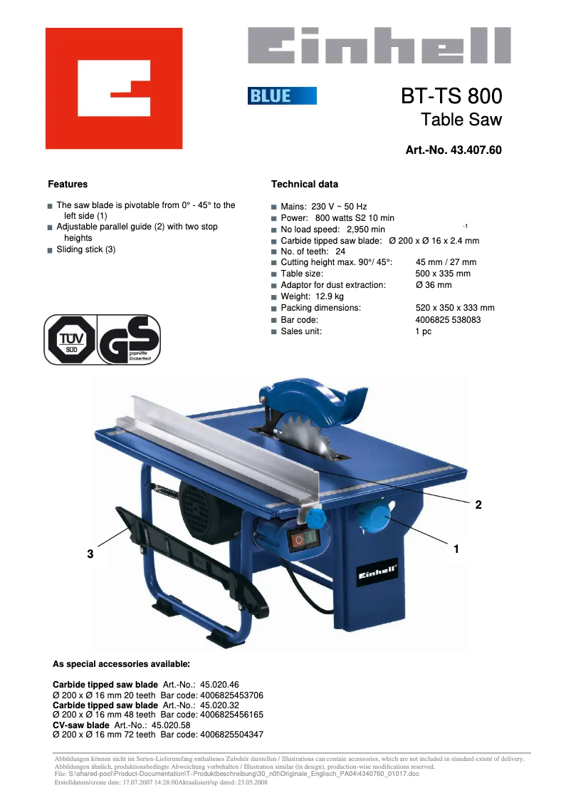 Page 1 de la notice Manuel utilisateur Einhell BT-TS 800