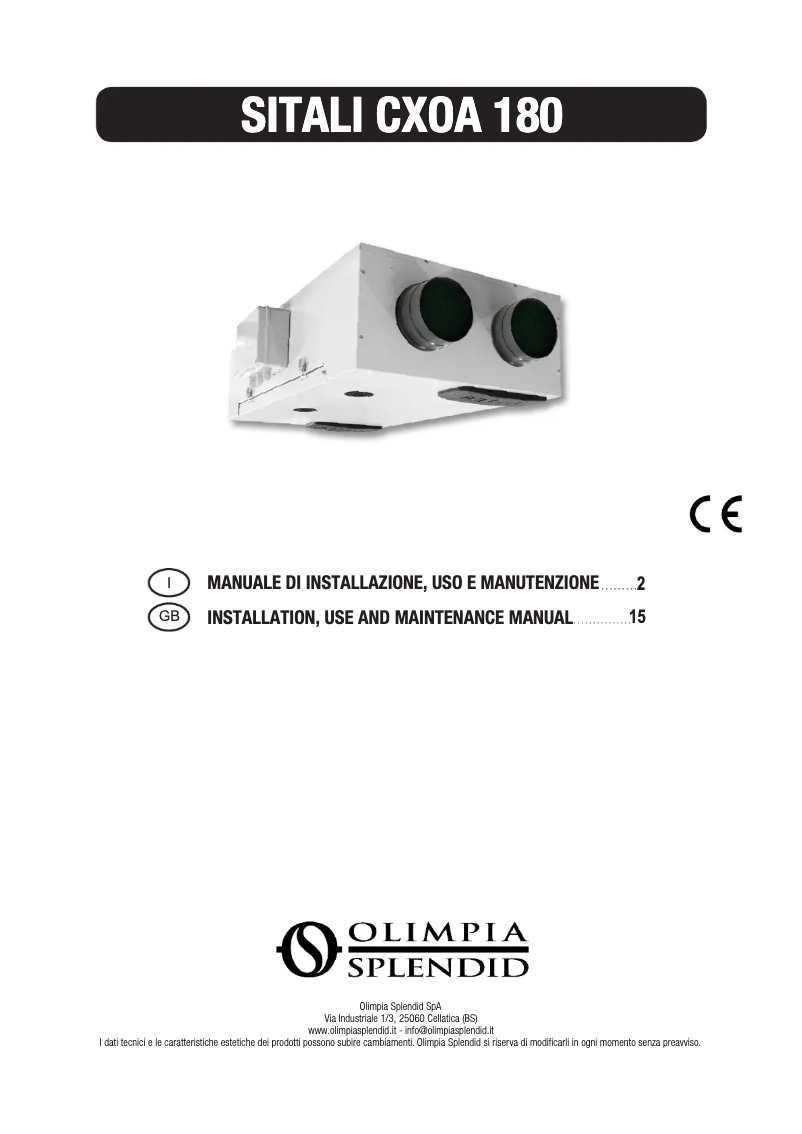 Page 1 de la notice Manuel utilisateur Olimpia Splendid Sitali CX 180