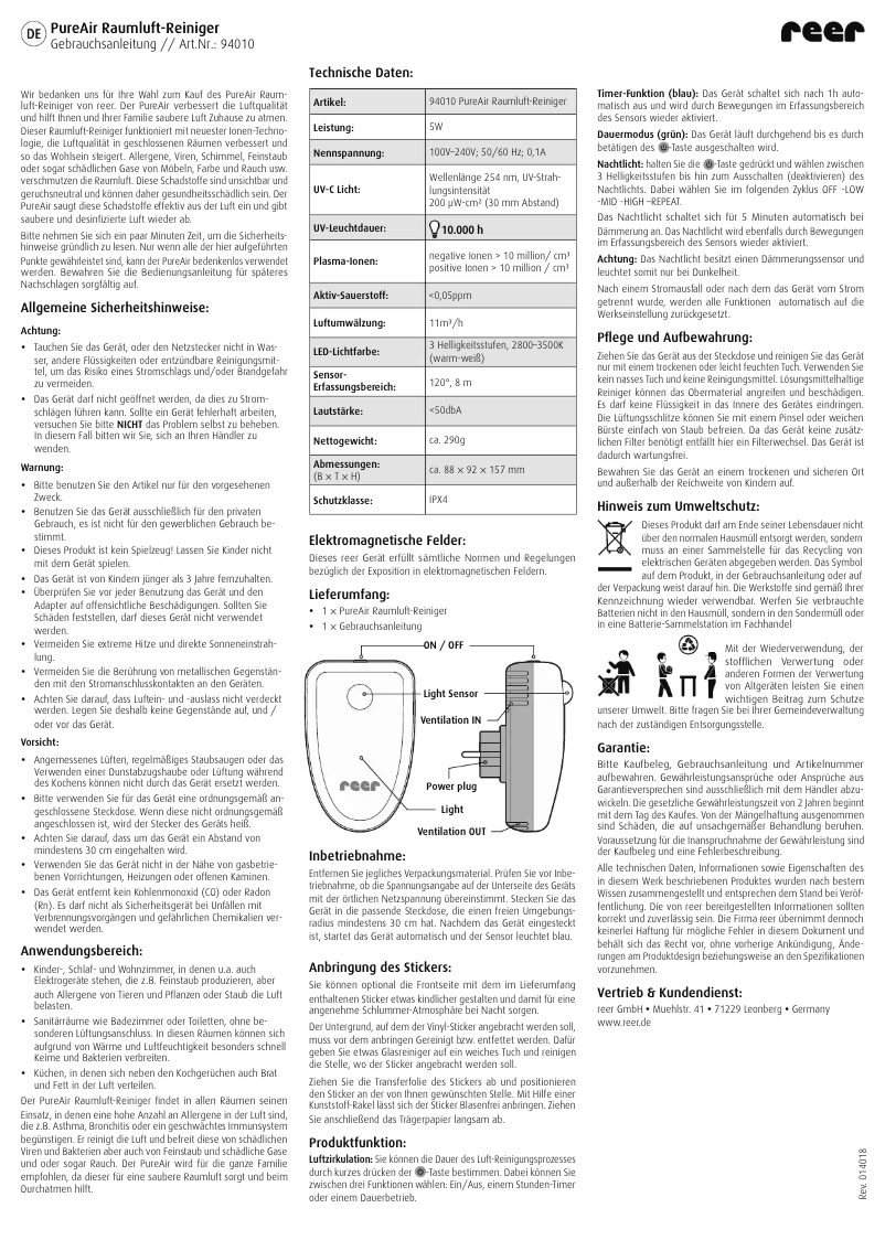 Image de la première page du manuel de l'appareil PureAir 94010