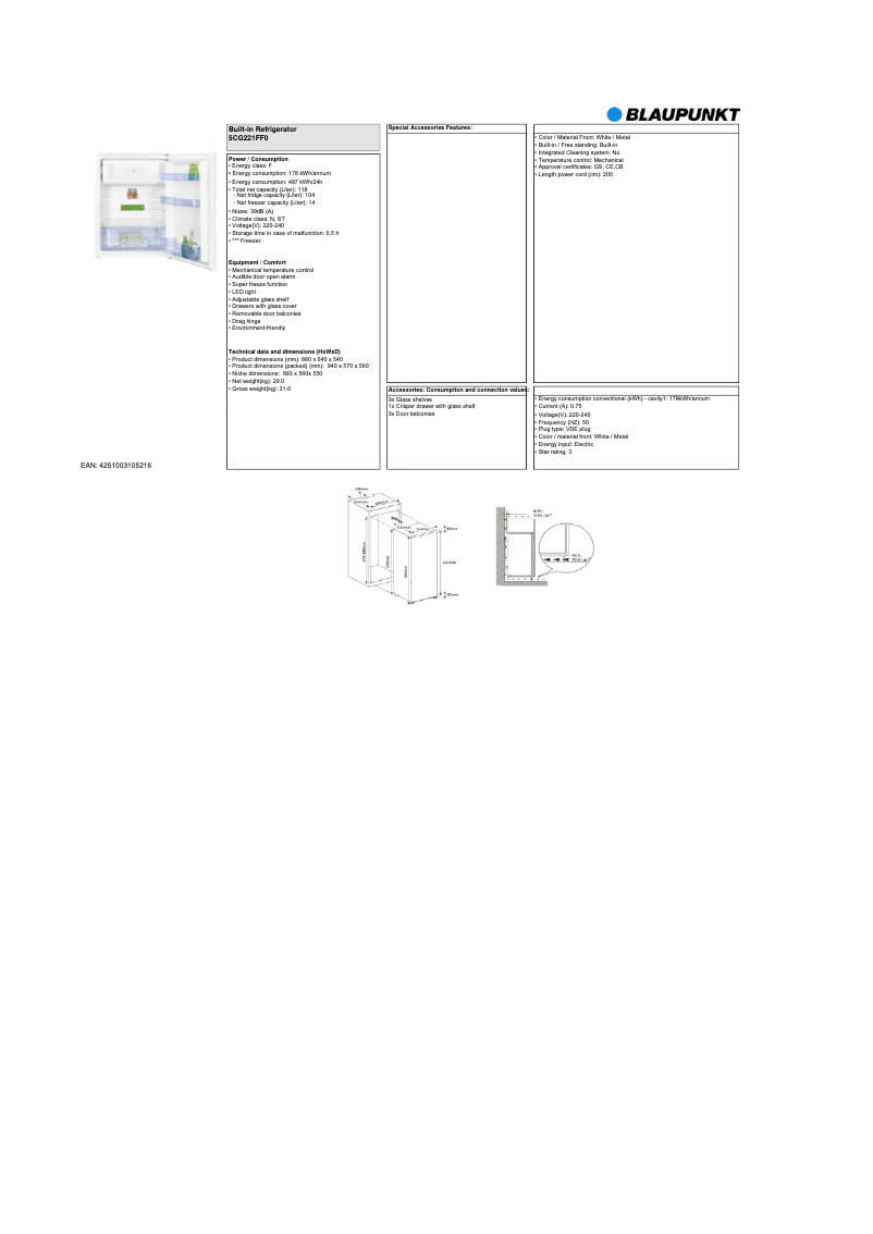 Página 1 del manual Ficha técnica Blaupunkt 5CG221FF0