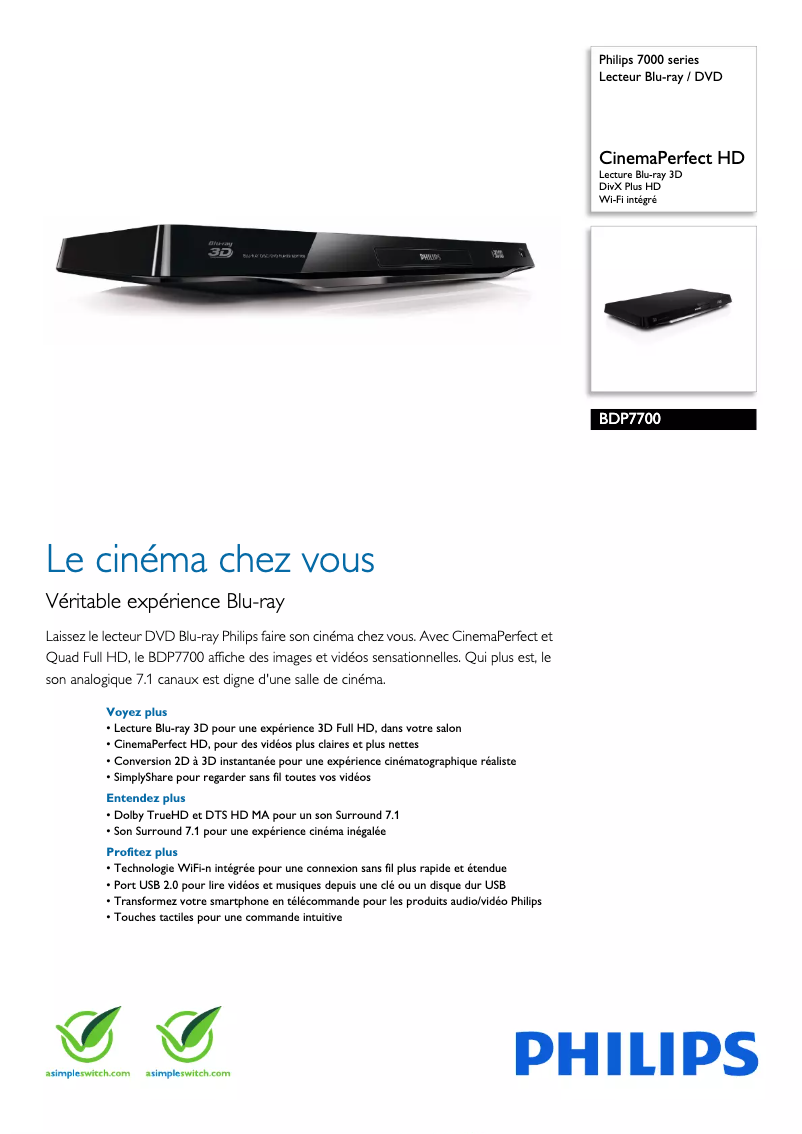 Page 1 de la notice Fiche technique Philips BDP7700