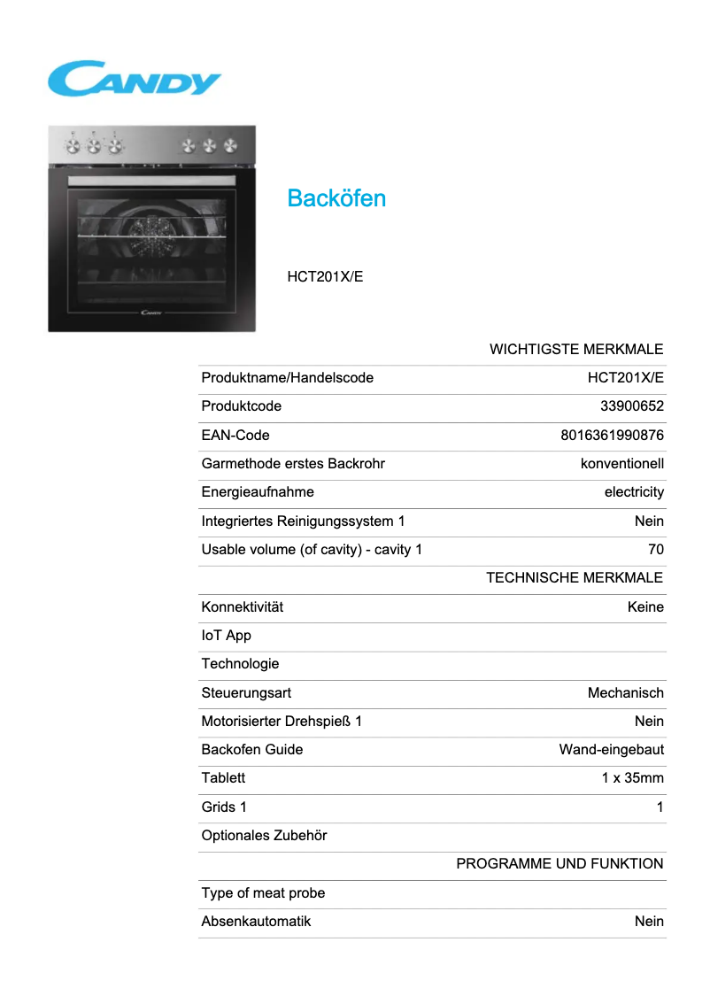 Page 1 de la notice Fiche technique Candy HCT201X/E