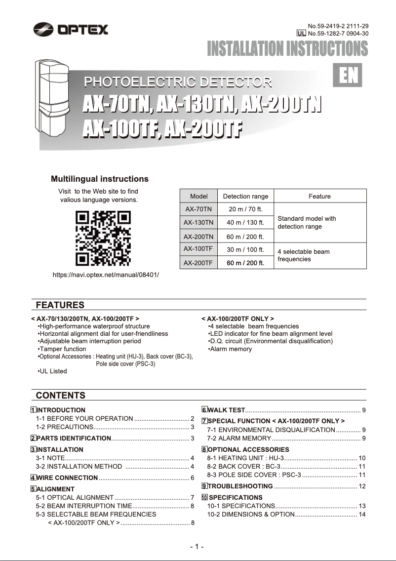 Page n°1 - Manuel utilisateur Optex AX-100TF