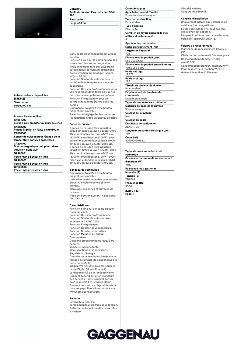 Página 1 del manual Ficha técnica Gaggenau CI282102