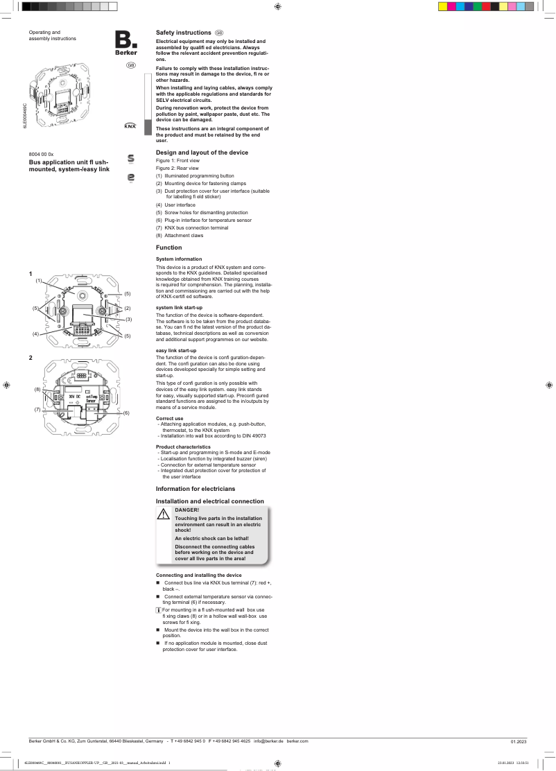 Page 1 de la notice Manuel utilisateur Berker 80040011