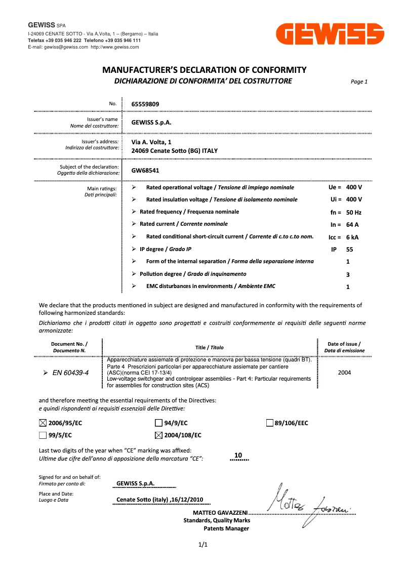 Page 1 de la notice Manuel utilisateur Gewiss GW68541