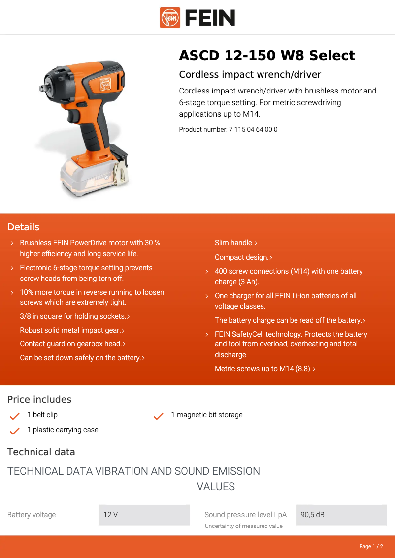 Page 1 de la notice Fiche technique Fein ASCD 12-150 W8 Select