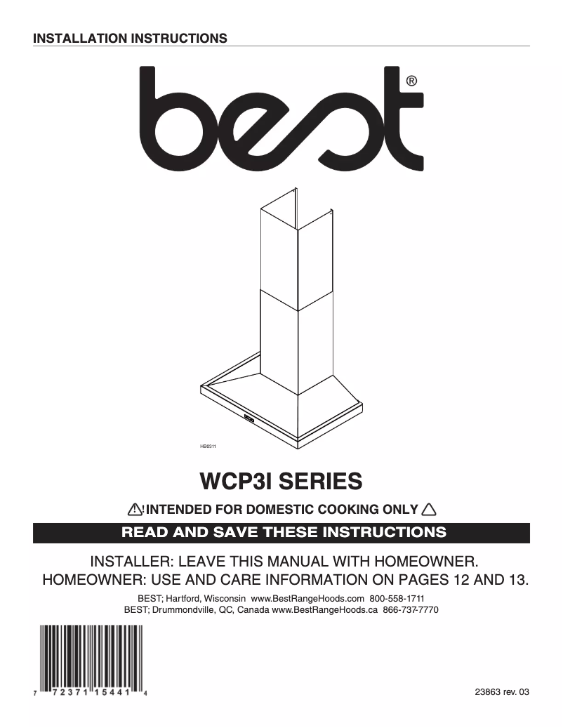 Page 1 de la notice Guide d'installation Best Trovare WCP3I30SB