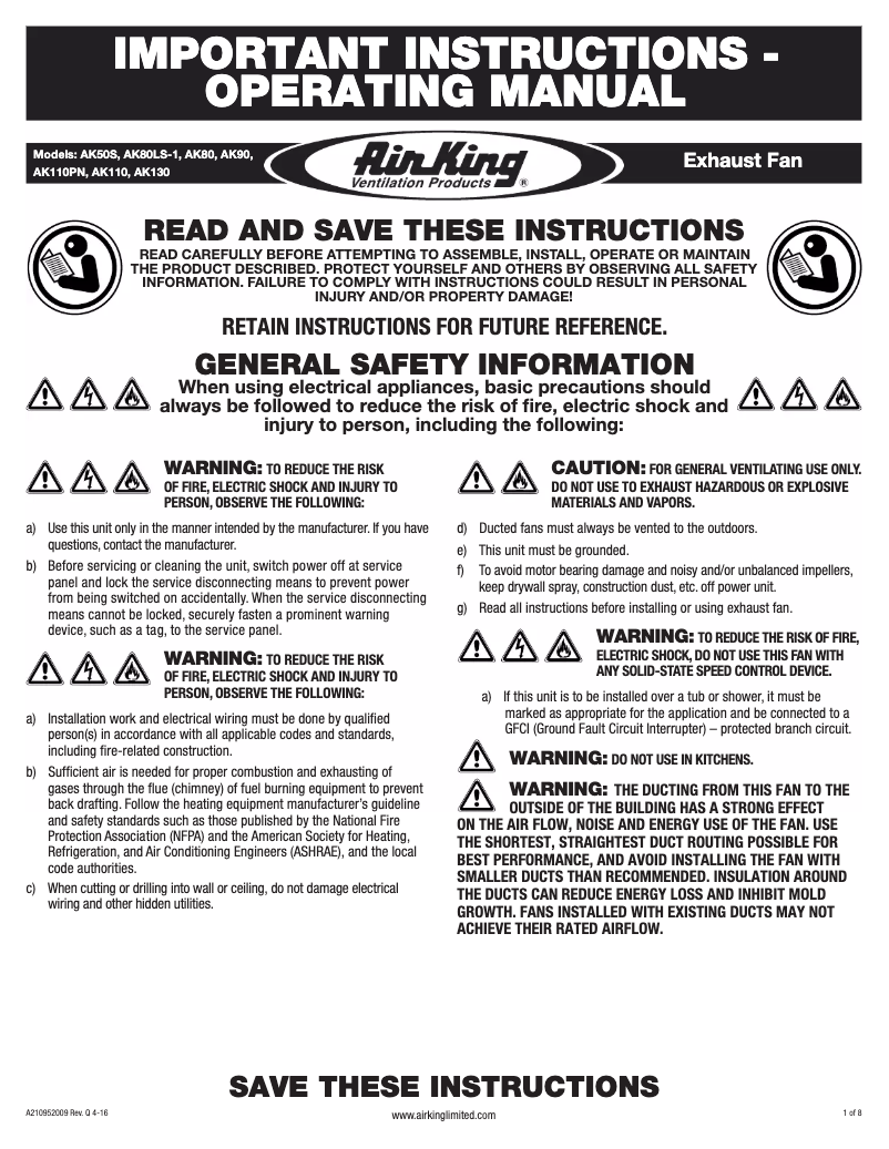 Page 1 de la notice Manuel utilisateur Air King AK90
