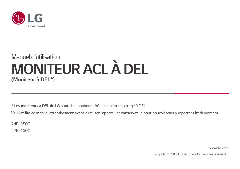 Page 1 de la notice Manuel utilisateur LG 27BL650C-B