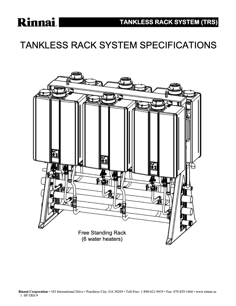 Page 1 de la notice Fiche technique Rinnai Tankless Rack System TRW02EP