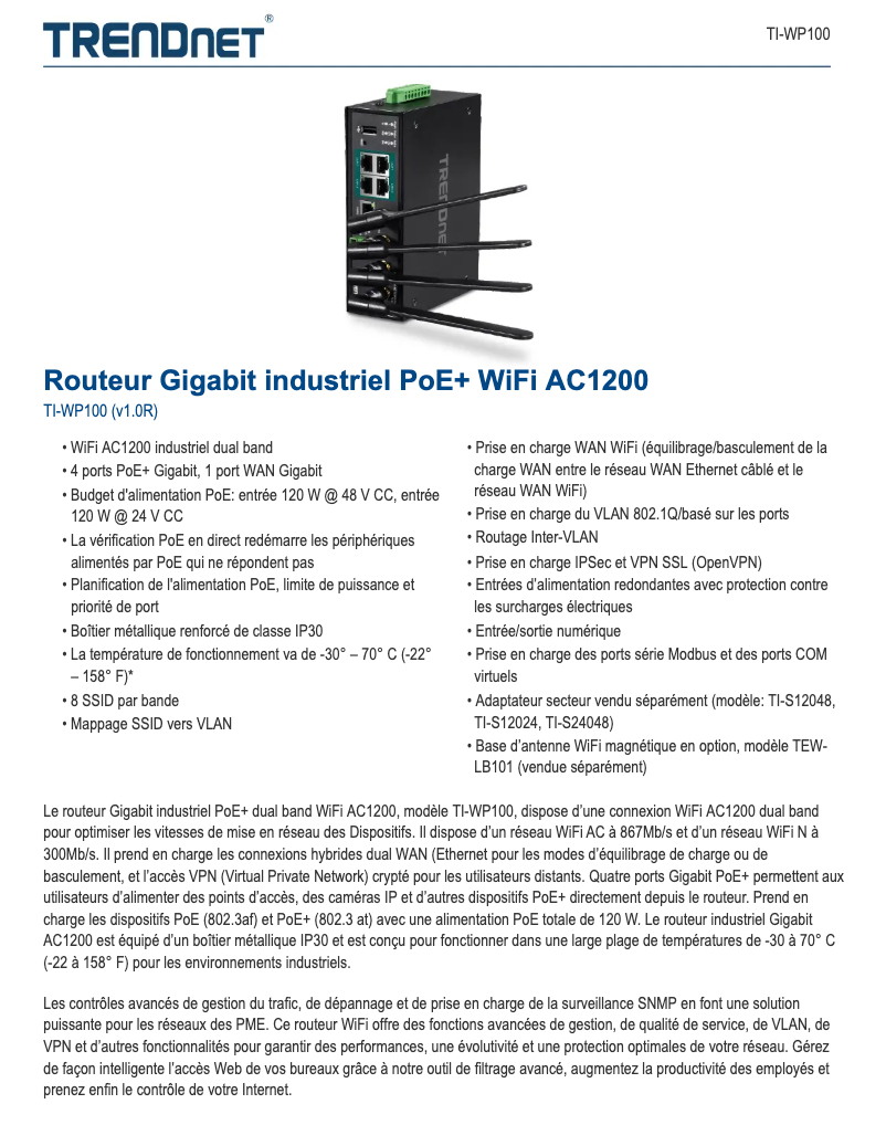 Page 1 de la notice Fiche technique TRENDnet TI-WP100