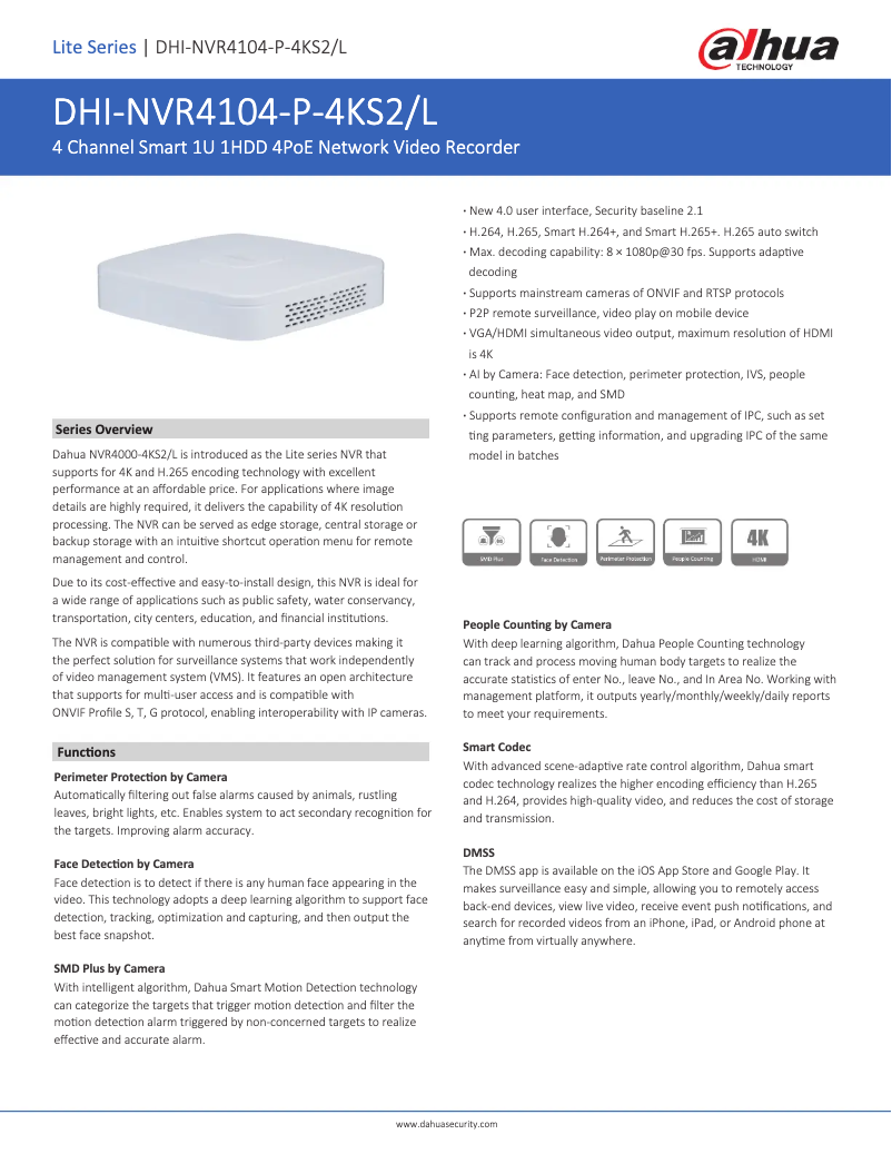 Page 1 de la notice Fiche technique Dahua Technology NVR4104-P-4KS2/L