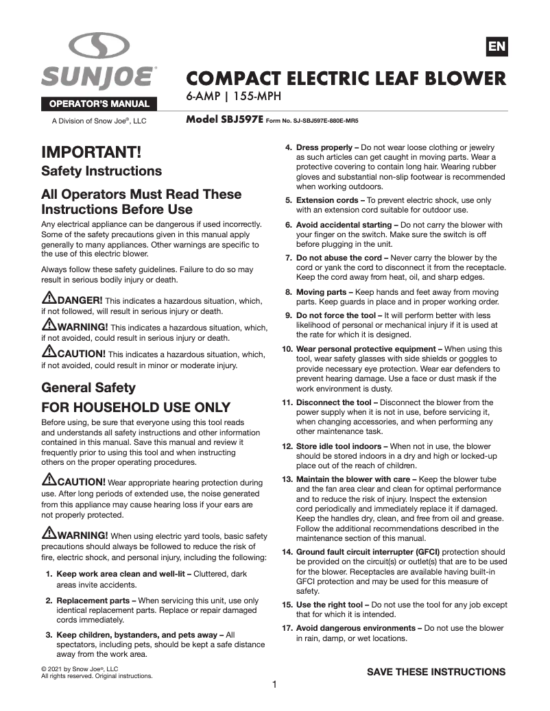 Page 1 de la notice Manuel utilisateur Sun Joe SBJ597E