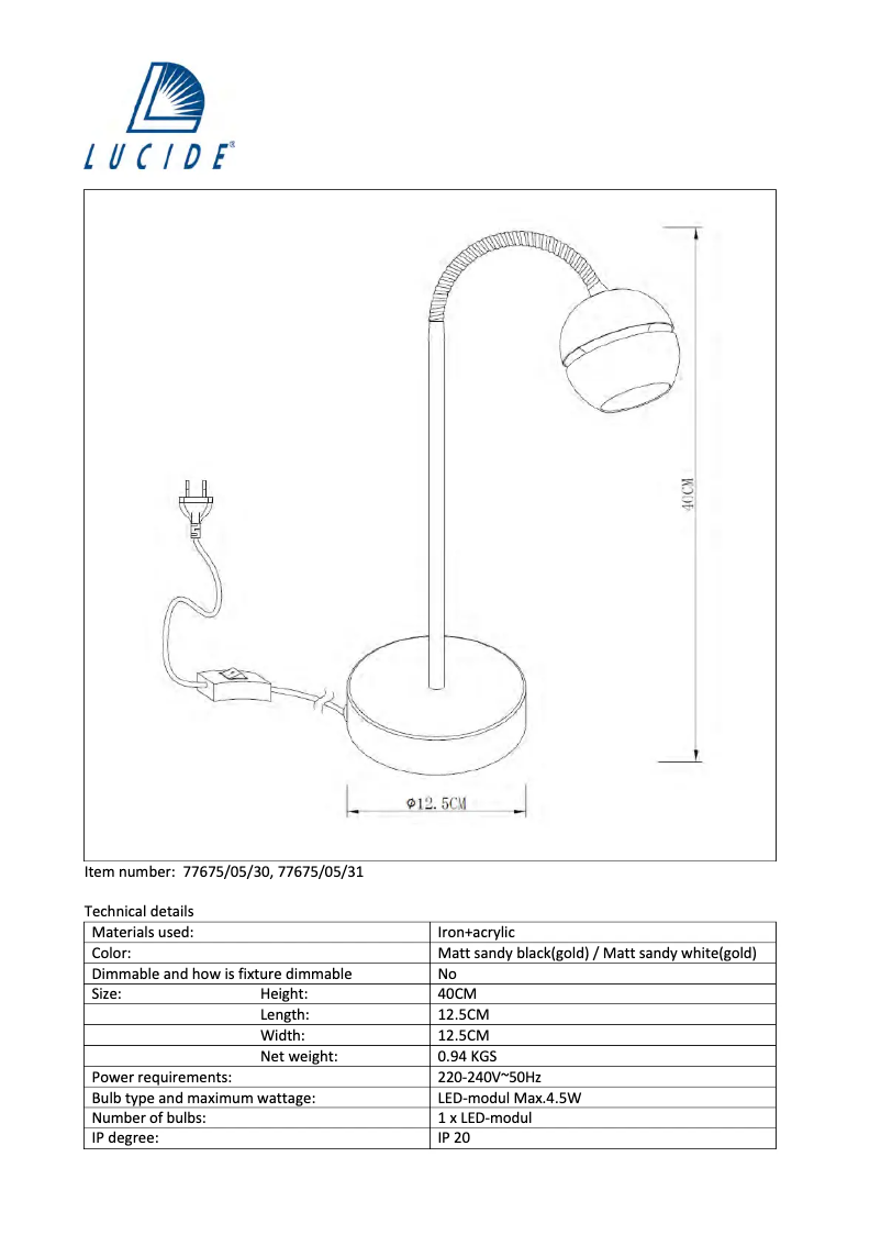 Page 1 de la notice Manuel utilisateur Lucide Binari 77675/05/30