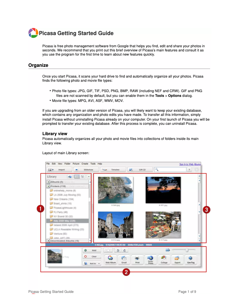 First page image of the manual for Picasa