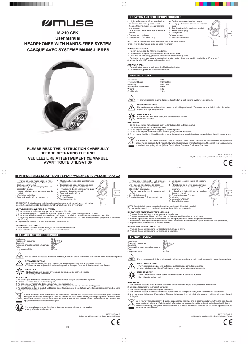 Page 1 de la notice Manuel utilisateur Muse M-210 CFK