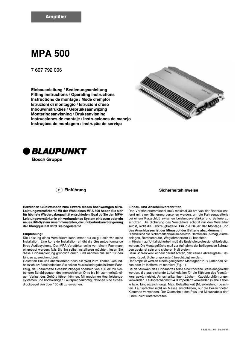 Page 1 de la notice Manuel utilisateur Blaupunkt MPA 500