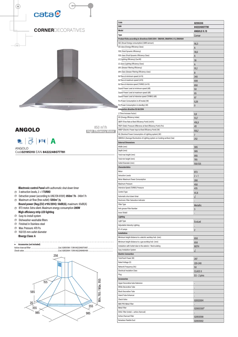 Page 1 de la notice Fiche technique CATA Angolo