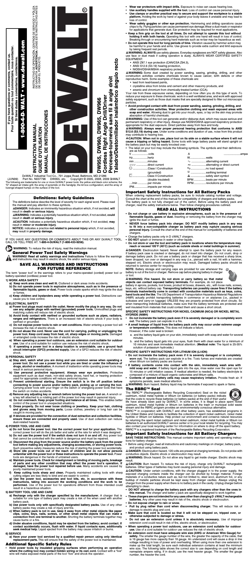 Page n°1 - Manuel d'utilisation et d'entretien DeWalt DW960