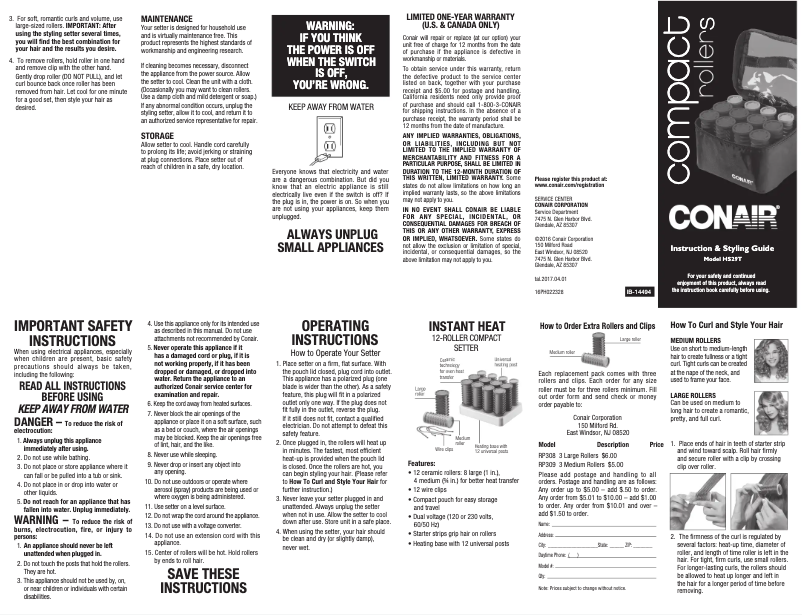 Page 1 de la notice Manuel utilisateur Conair HS29TR