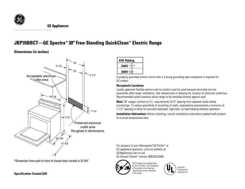 Página 1 del manual Ficha técnica GE Spectra JBP35BBWH