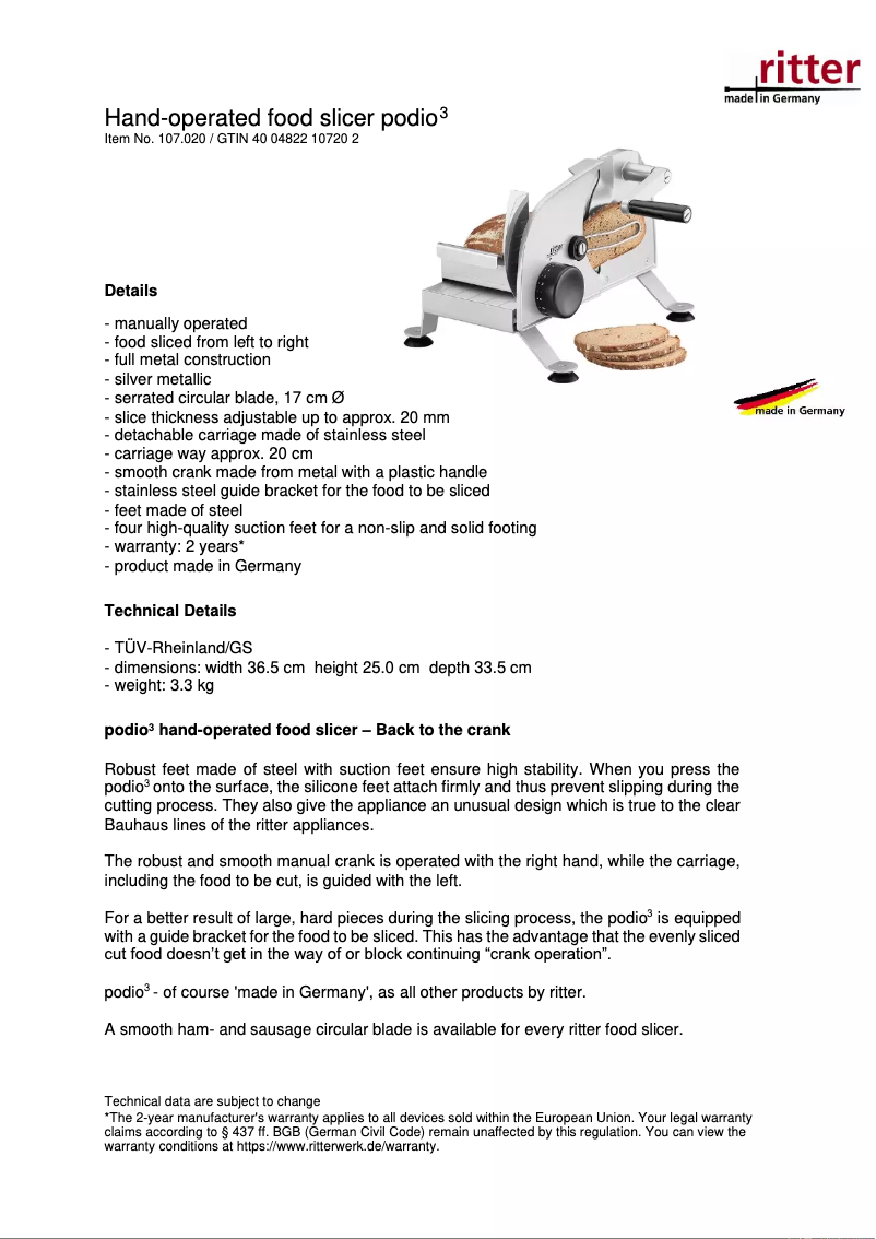 Page 1 de la notice Fiche technique Ritter Podio 3