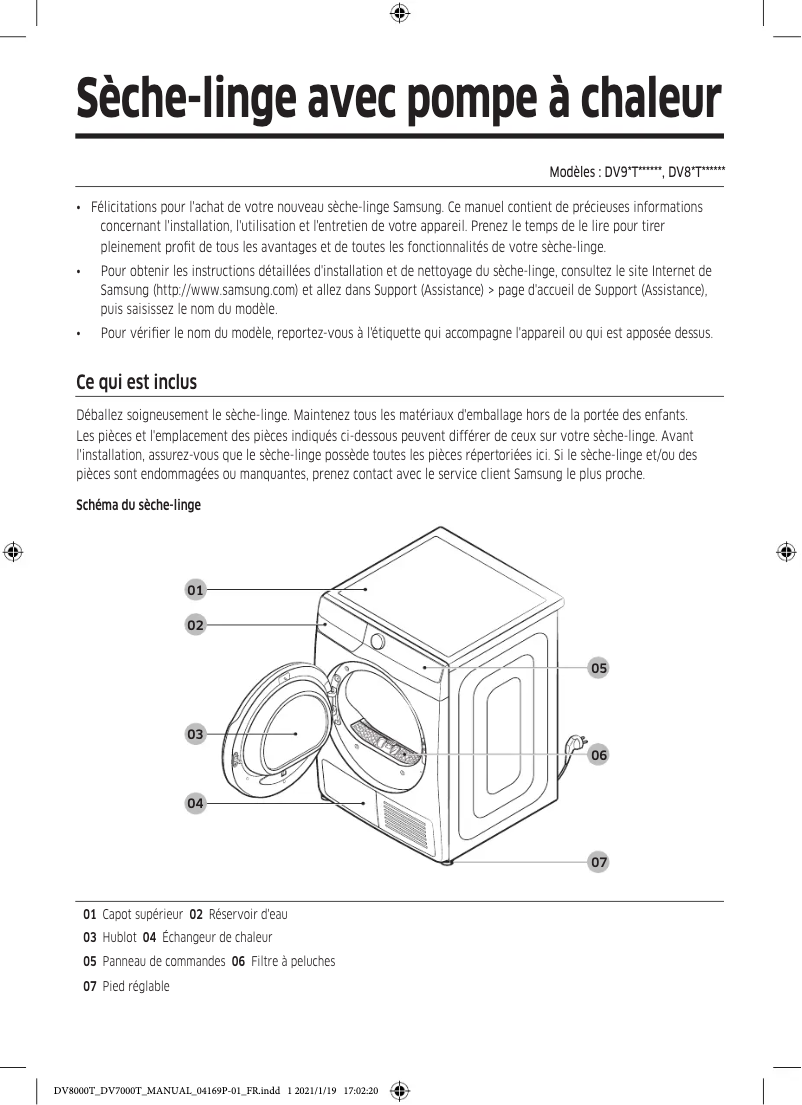 Page 1 de la notice Manuel utilisateur Samsung DV90T8240SH