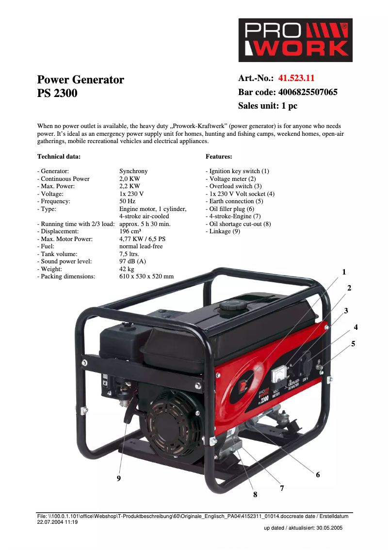 Page 1 de la notice Fiche technique Prowork PS 2300
