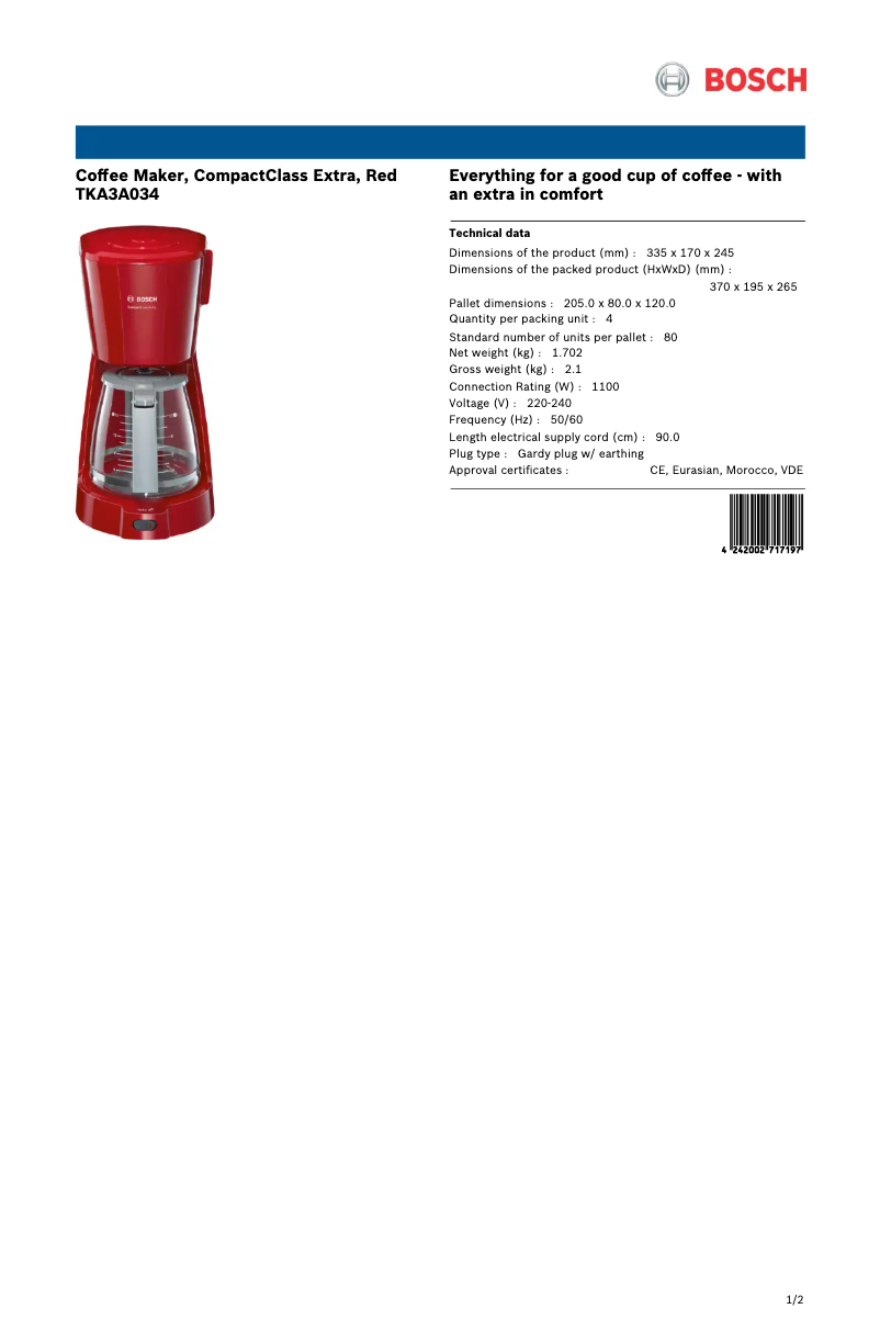 Page 1 de la notice Fiche technique Bosch TKA3A034