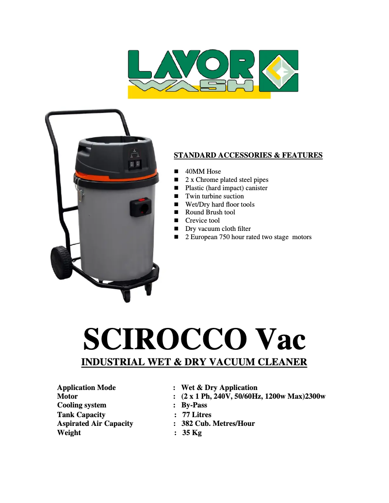 Page 1 de la notice Fiche technique Lavorwash Scirocco