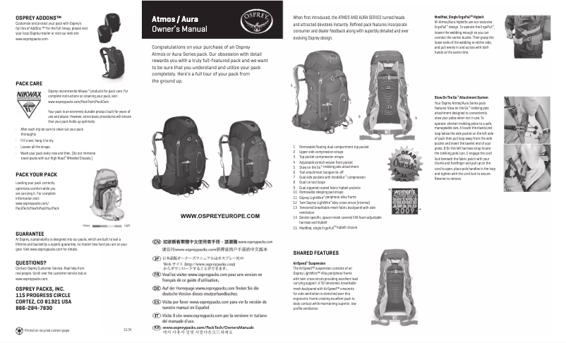 Page 1 de la notice Manuel utilisateur Osprey Atmos 50