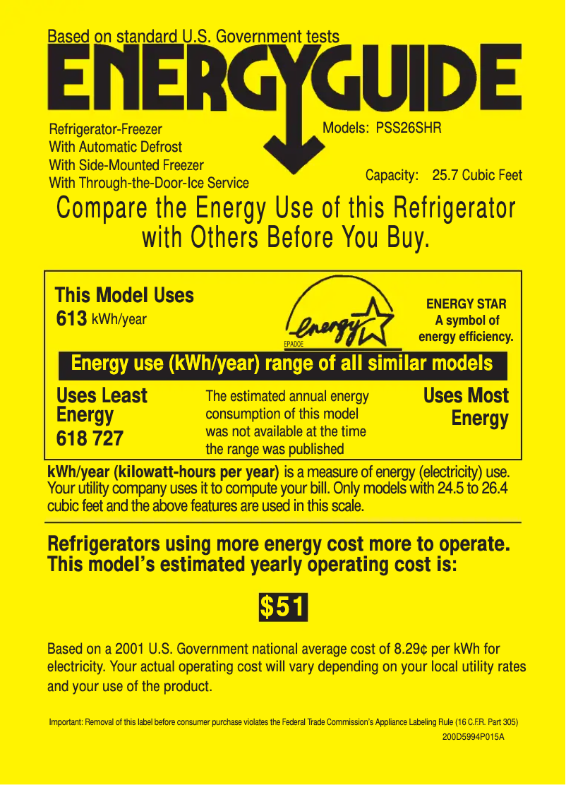 Page 1 de la notice Label énergétique GE Profile PSS26SHRSS