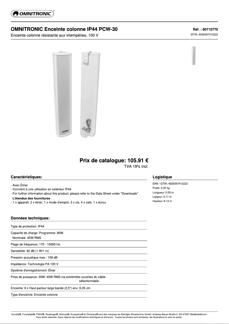 Page n°1 - Fiche technique Omnitronic PCW-10