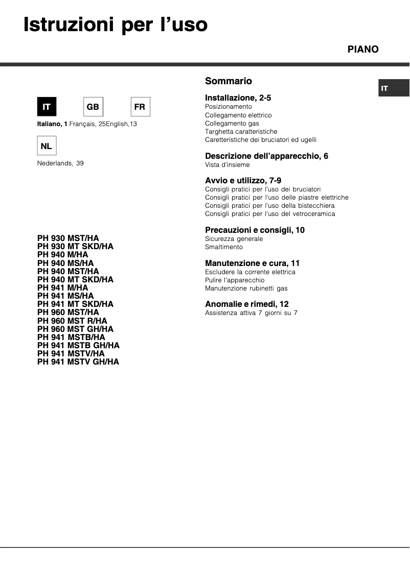 Page n°1 - Manuel utilisateur Hotpoint Ariston PH 940 M/HA