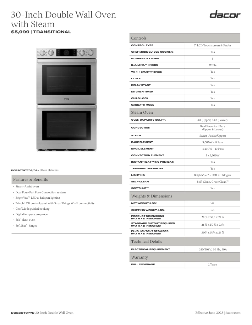 Page 1 de la notice Fiche technique Dacor Modernist DOB30T977DS