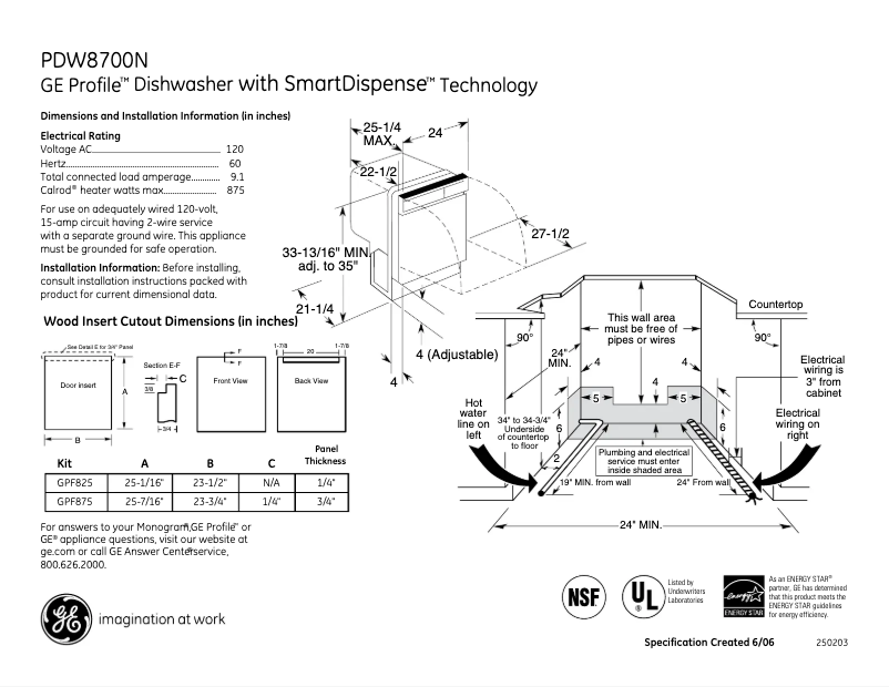 Page n°1 - Fiche technique GE Profile PDW8700NWW