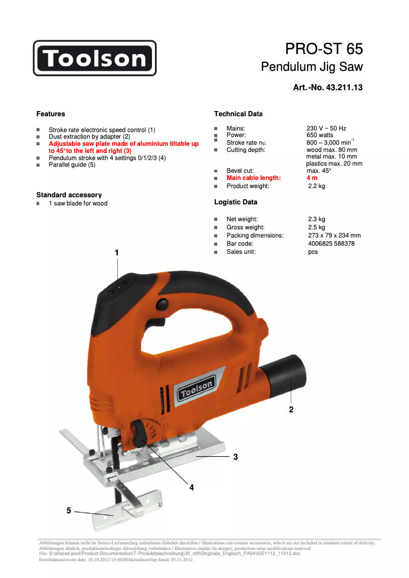 Page n°1 - Fiche technique Toolson PRO-ST 65