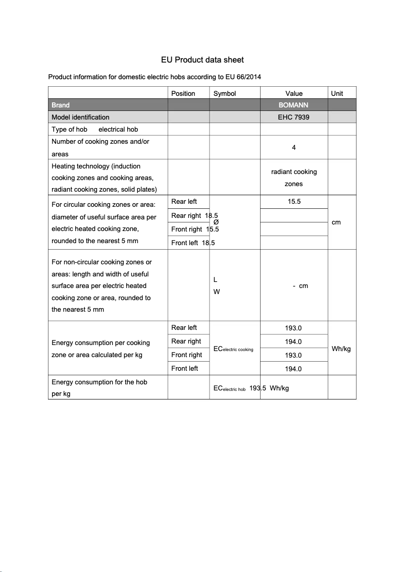 Page 1 de la notice Fiche technique Bomann EHC 7939