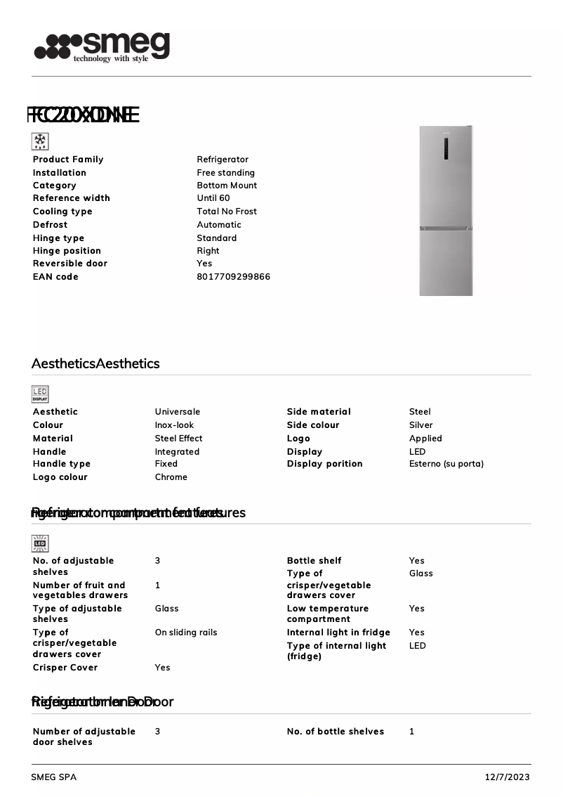 Page 1 de la notice Fiche technique Smeg FC20XDNE