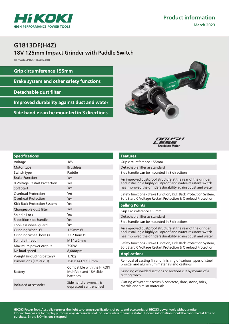 Page n°1 - Fiche technique HiKOKI G1813DF