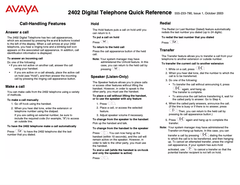 Page n°1 - Manuel utilisateur Avaya 2402